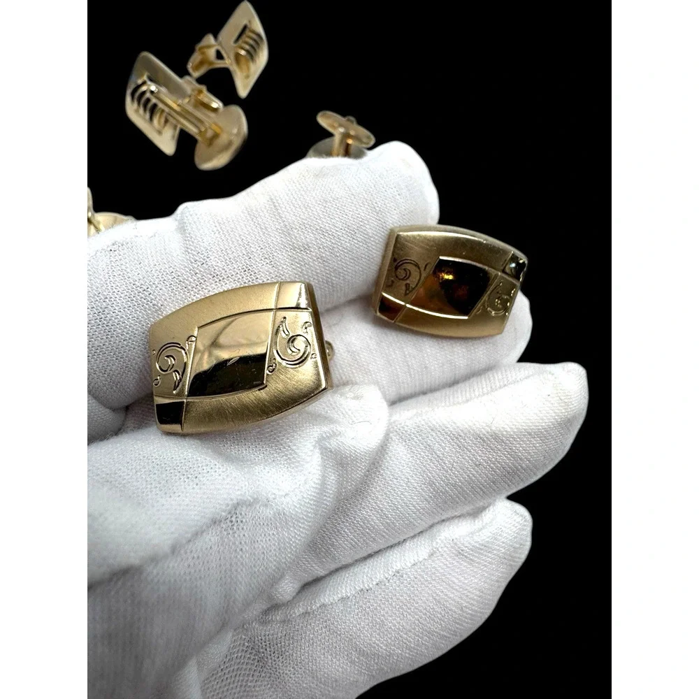 Vintage Anson Gold Tone Cufflinks Retro Geometric Etched Design 1950s EUC